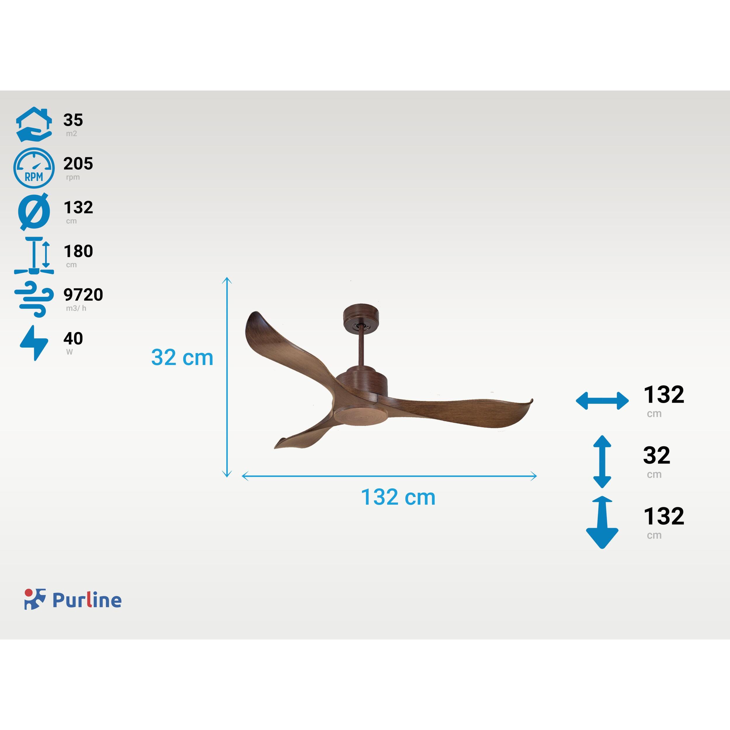 Ventilateur de plafond Réversible Lumière  Thermostat Wifi Moteur à courant continu Toits en pente Télécommande Adaptateur 2/3 Lames Hypersilence Mémoire 40   W brun