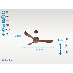 Ventilateur de plafond Réversible Lumière  Thermostat Wifi Moteur à courant continu Toits en pente Télécommande Adaptateur 2/3 Lames Hypersilence Mémoire 40   W brun