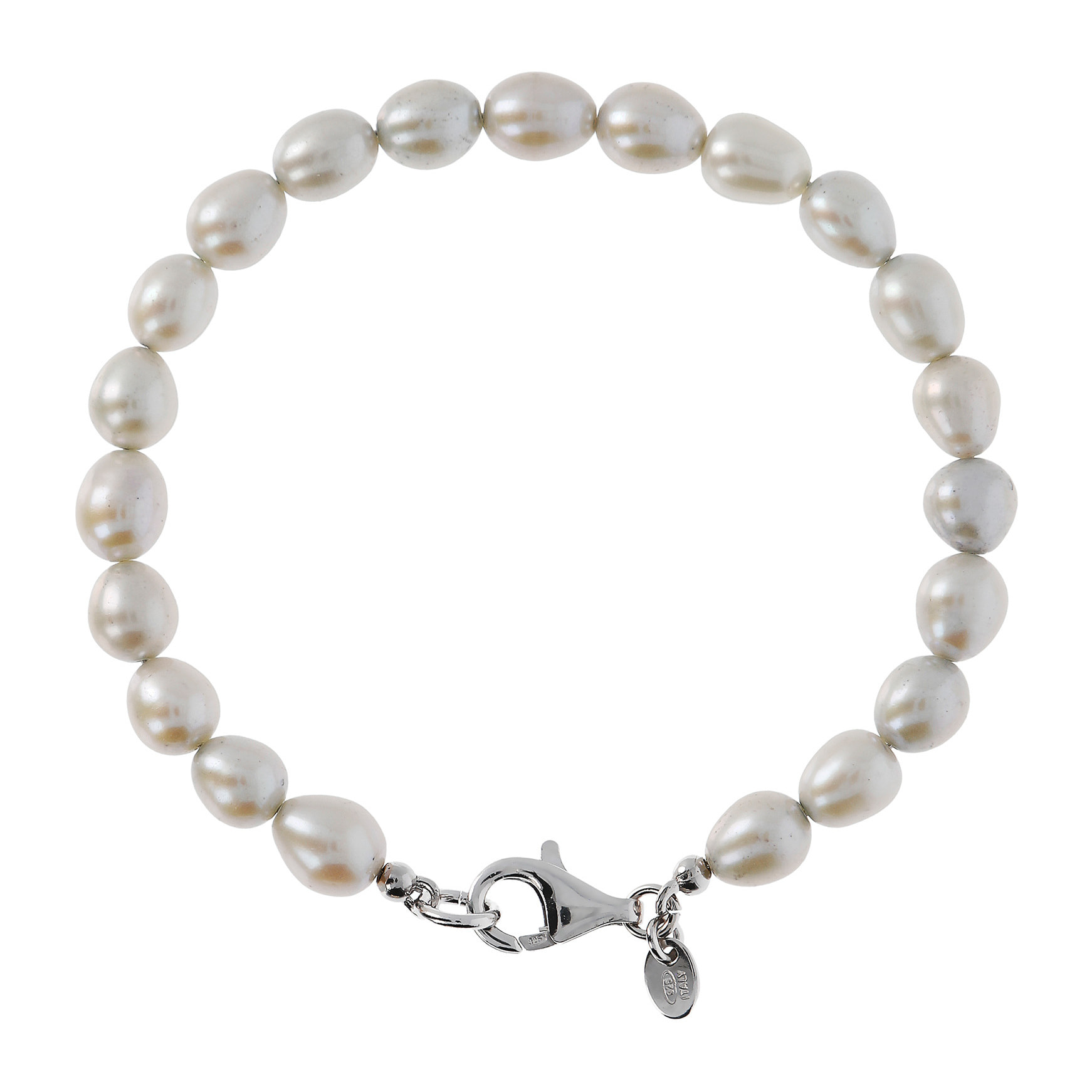 PERLAVIVA - Bracciale in Argento 925 placcato Oro Bianco 18Kt con Perle d'Acqua Dolce Grigie Ø 7/7.5 mm