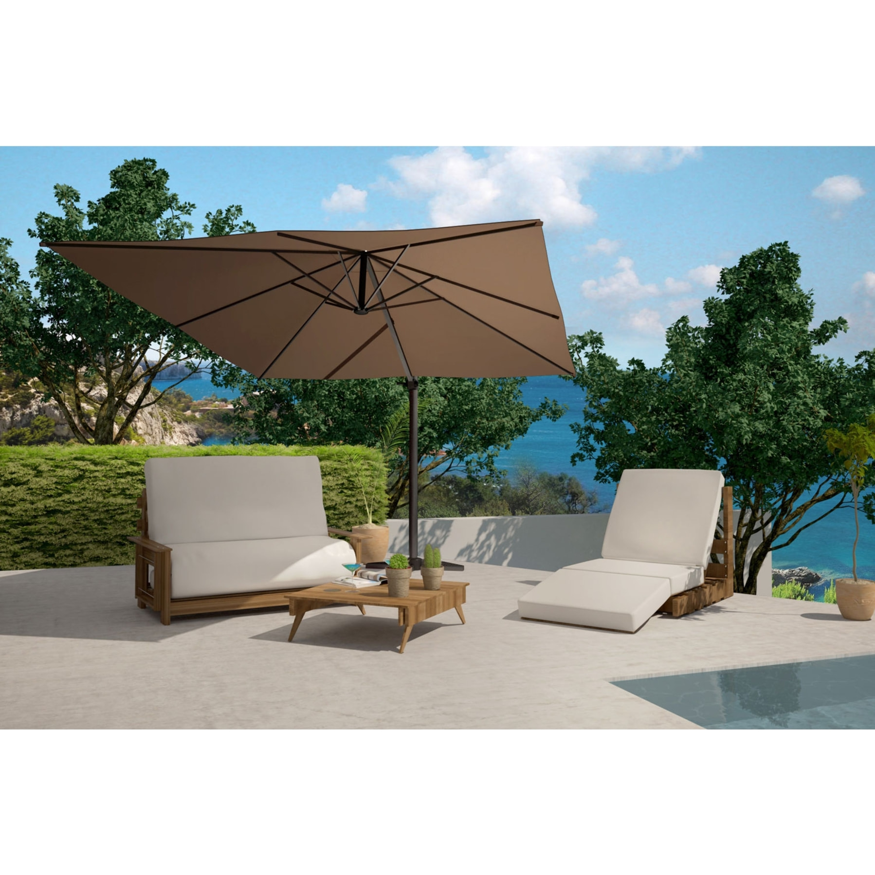NAVIA Bundle parasol rectangulaire 3x4m déporté rotatif marron aluminium + housse