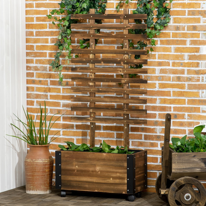 Jardinera Exterior Grande de Madera Jardinera con Celosía para Plantas Trepadoras Tela no Tejida Ruedas y Esquinas Metálicas de Doble Capa para Patio Terraza 65x31x147 cm Carbonizado