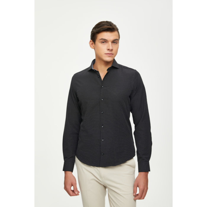 Camicia Uomo 1 Bottone Francese Slim Cotone Poliestere Stampato Nero/Grigio Scuro