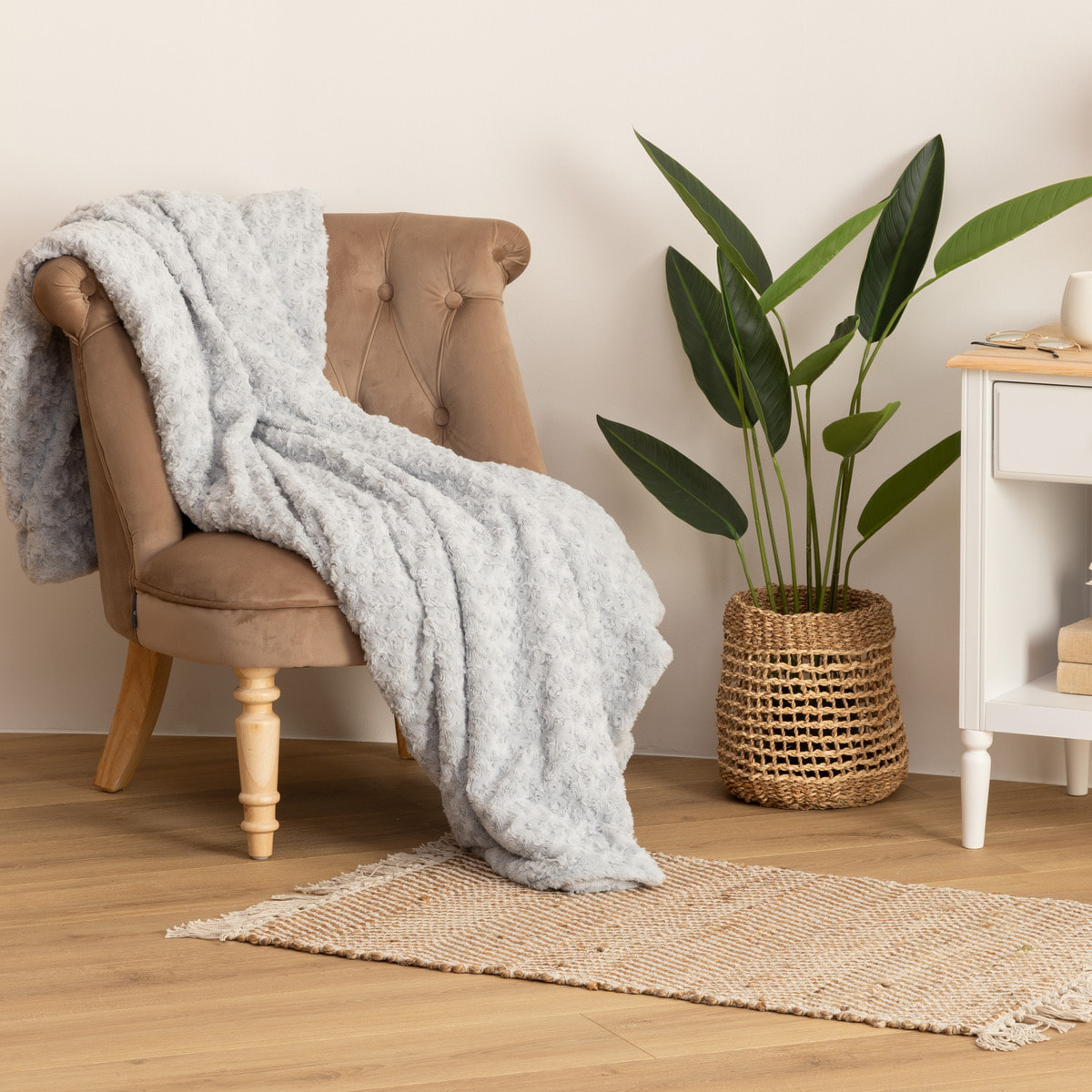 Plaid "Bouclette" fausse fourrure - gris clair 180x230 cm