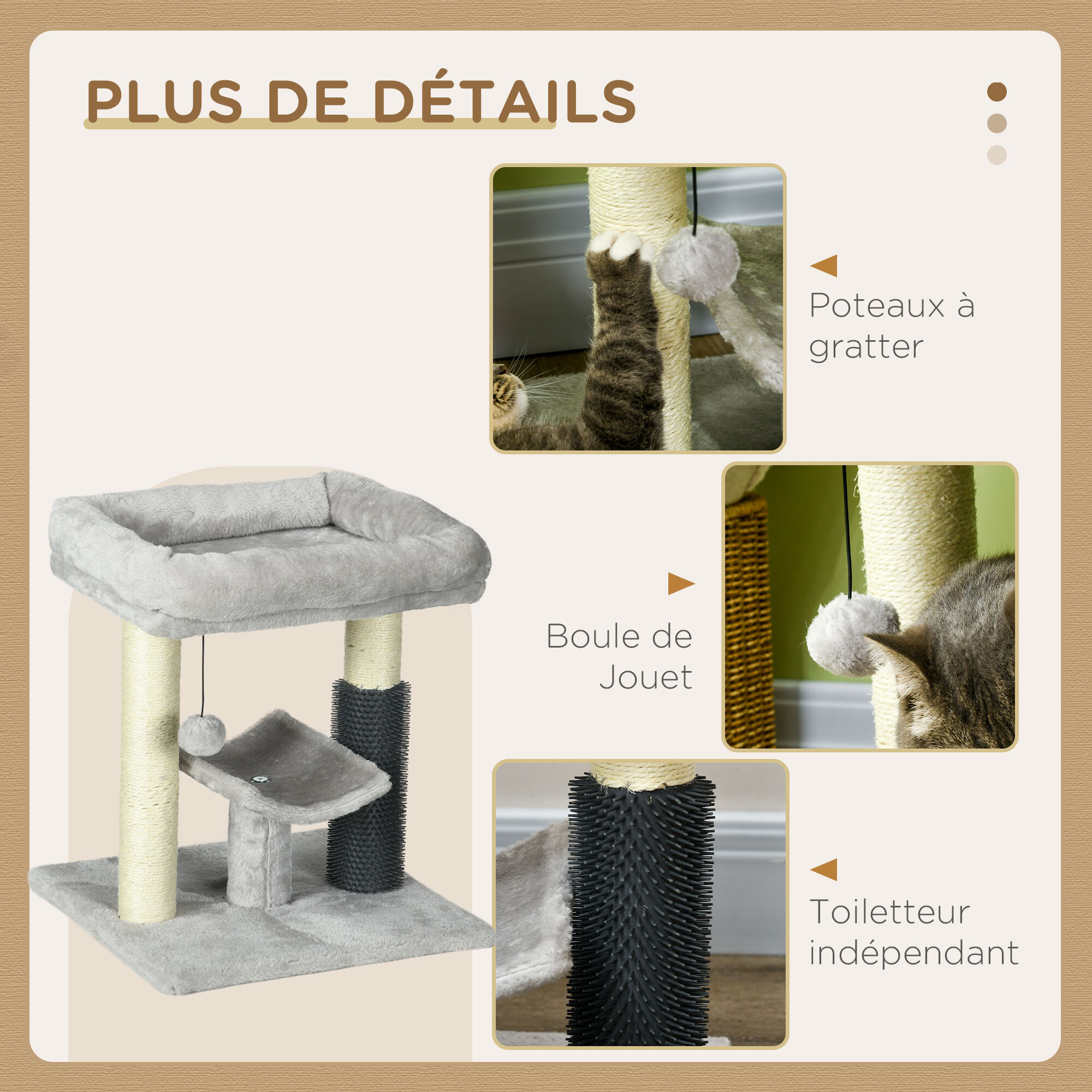 Arbre à chat griffoirs sisal naturel et massant plateforme panier jeu boule suspendue peluche gris