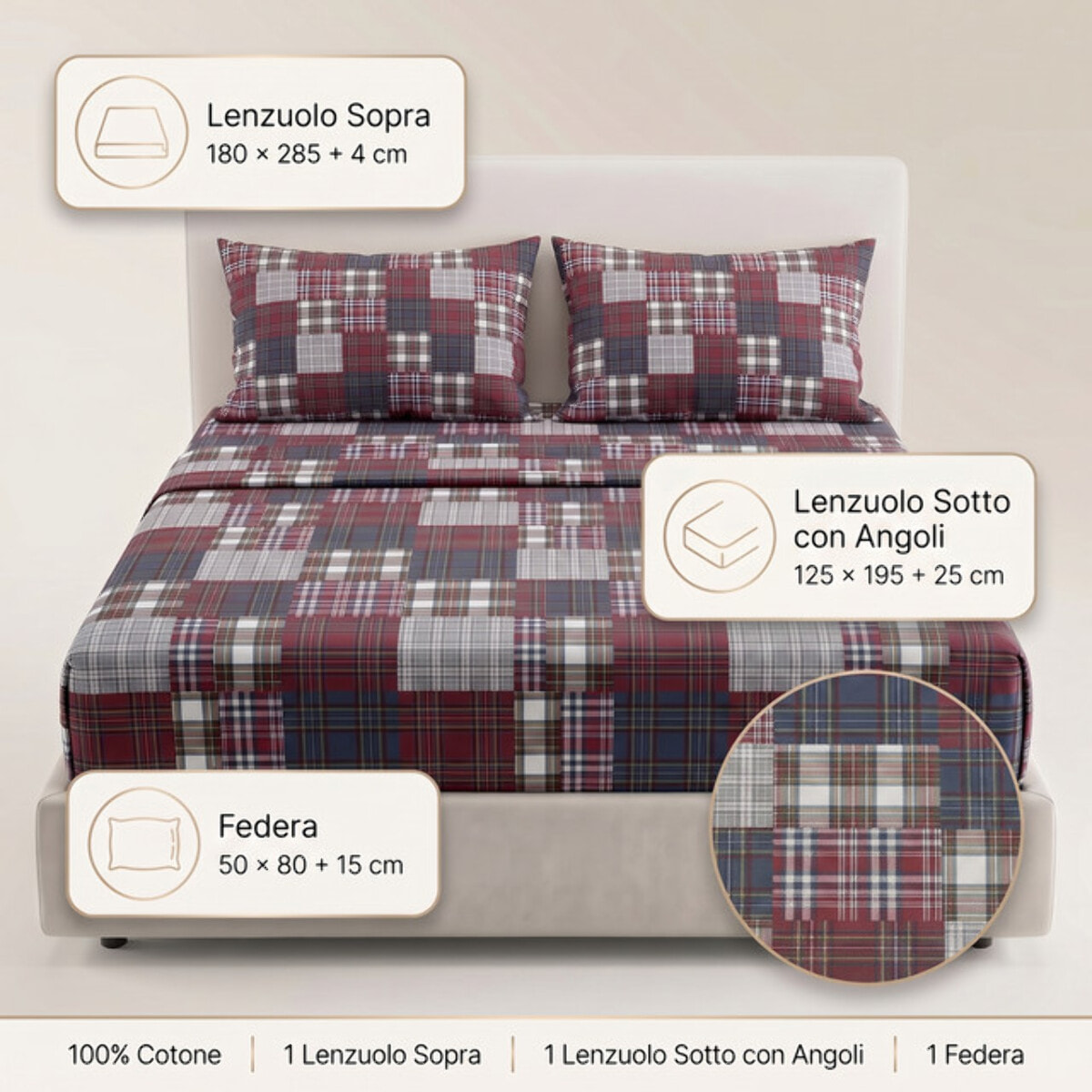 Completo lenzuola in cotone - TARTAN MULTICOLOR