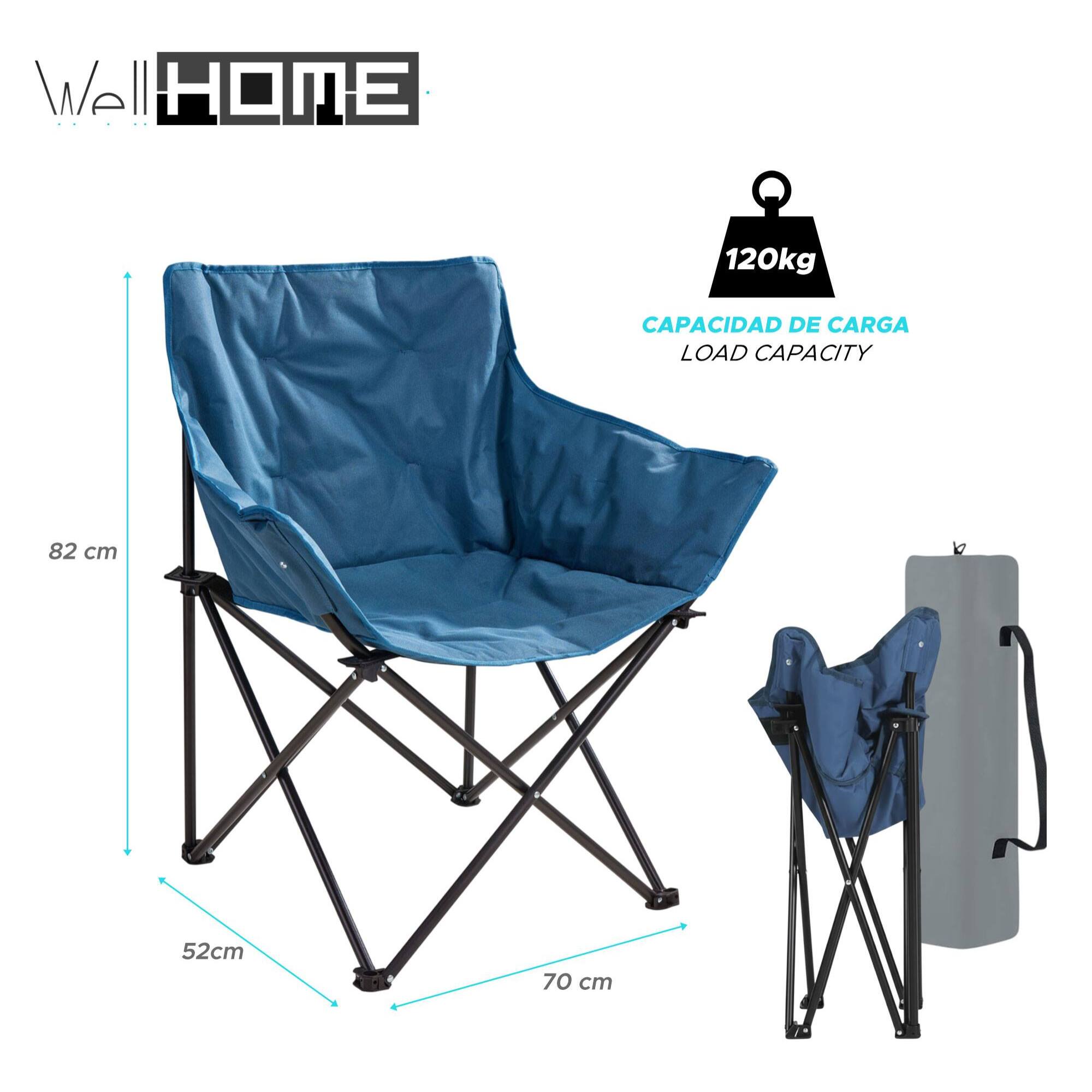 Well Home Silla de camping deluxe 70x52x82cm acero negro, tejido 600x300D, hasta 120kg, con bolsa de transporte