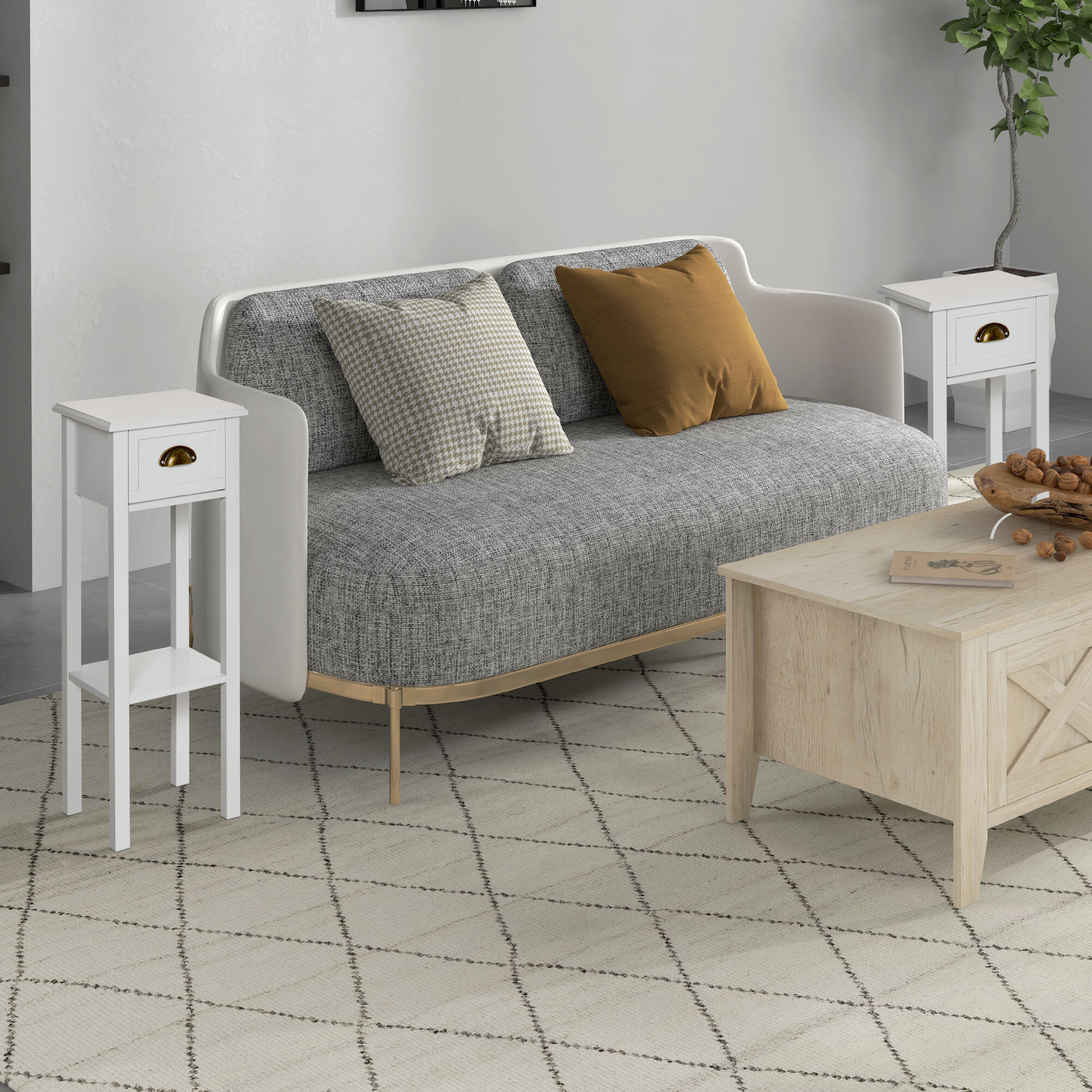 Conjunto de 2 Mesas Auxiliares Mesitas de Noche con Cajón y Estante de Almacenamiento Estilo Moderno para Salón Dormitorio 30x30x75 cm Blanco