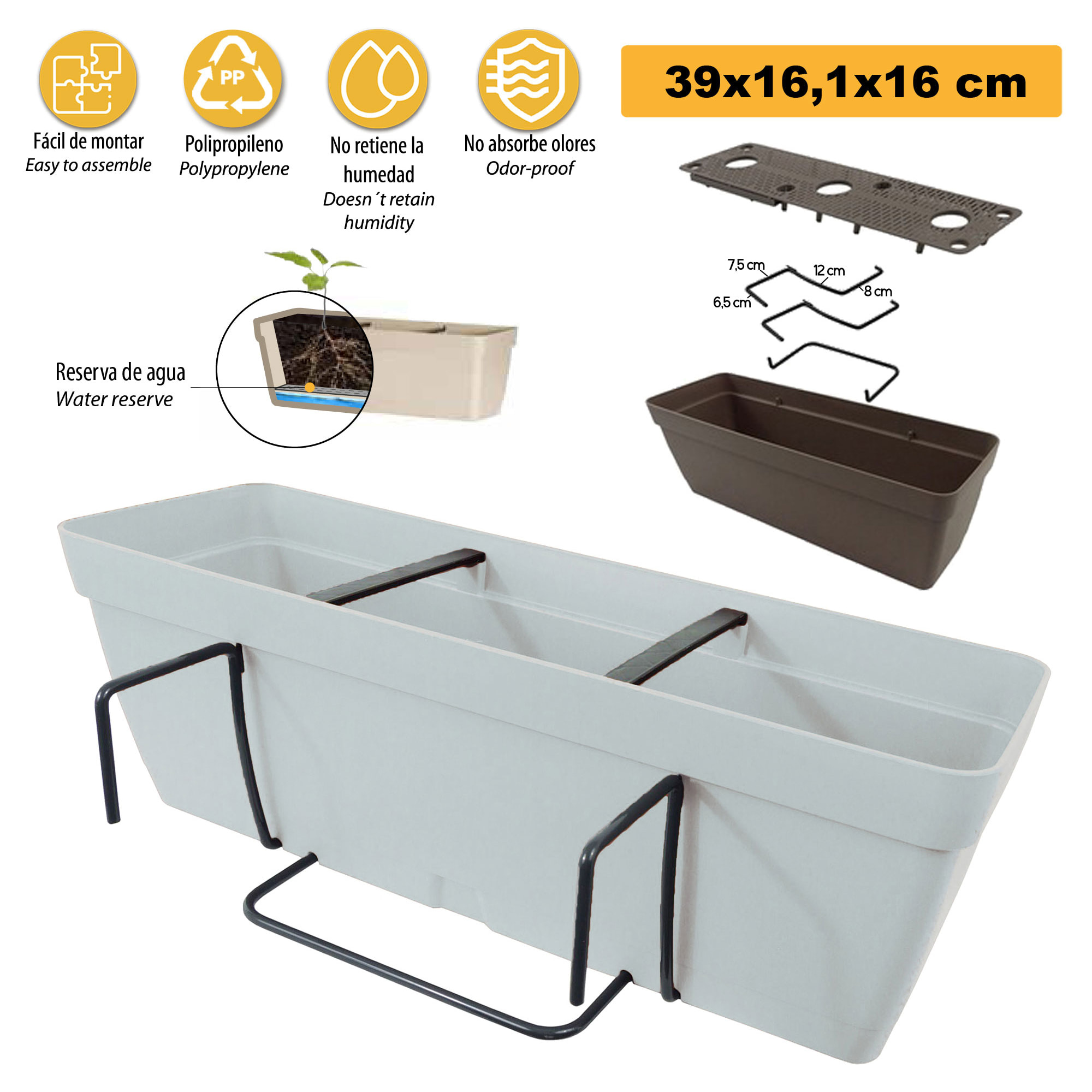 Jardinera 40 cm con escuadra de fijación cuadrada