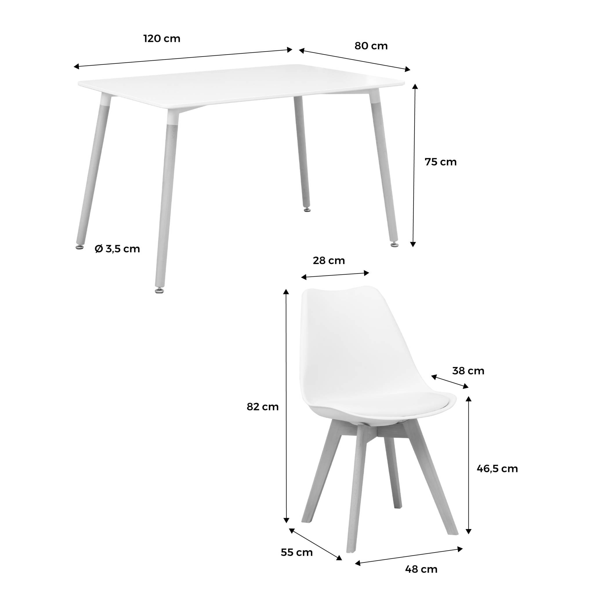 Table à manger rectangulaire bois 120cm blanc - Hedvig - 4 chaises. 4 places. scandinave. pieds bois
