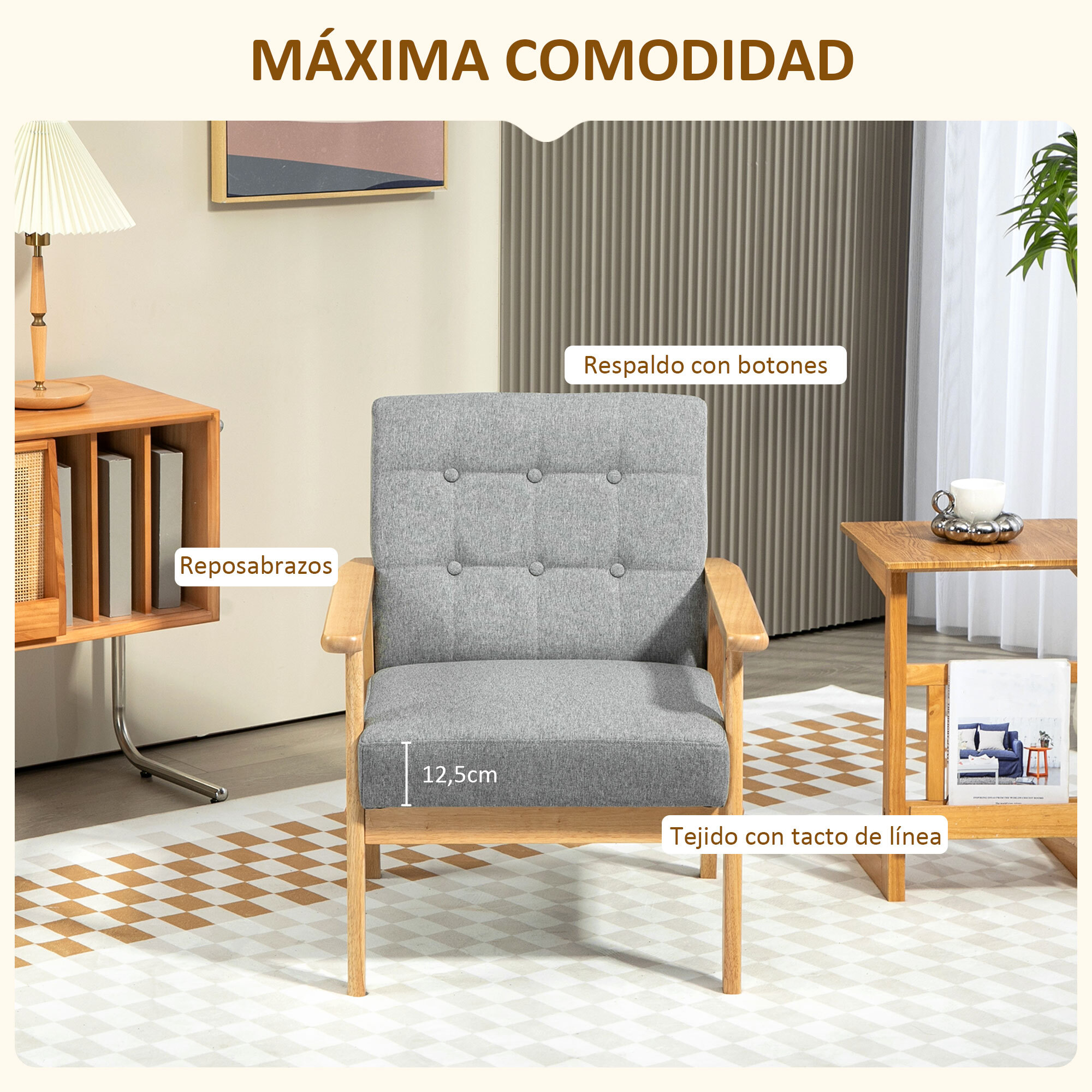 Sillón Individual Sofá Individual Tapizado en Lino con Reposabrazos de Madera Respaldo Acolchado Carga 130 kg Sillón para Salón Dormitorio Gris Claro