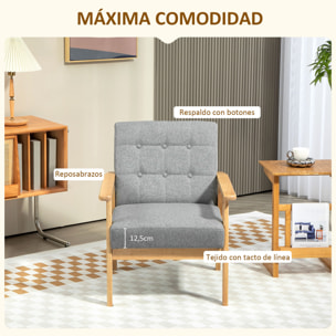 Sillón Individual Sofá Individual Tapizado en Lino con Reposabrazos de Madera Respaldo Acolchado Carga 130 kg Sillón para Salón Dormitorio Gris Claro