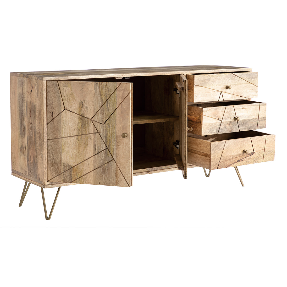 Buffet gravé en bois manguier massif et métal doré 2 portes 3 tiroirs L145 cm LINIUM