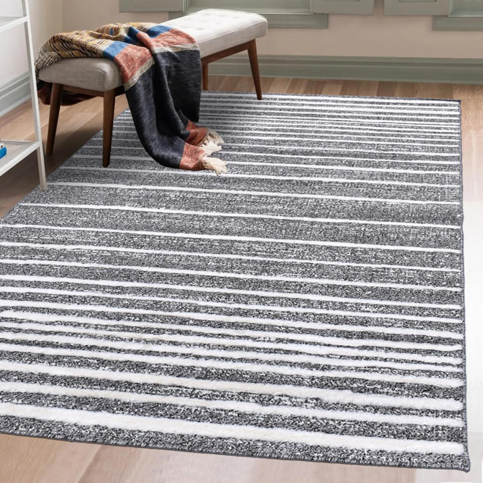 Tapis Jopi en relief dessin géométrique, couleur gris et blanc