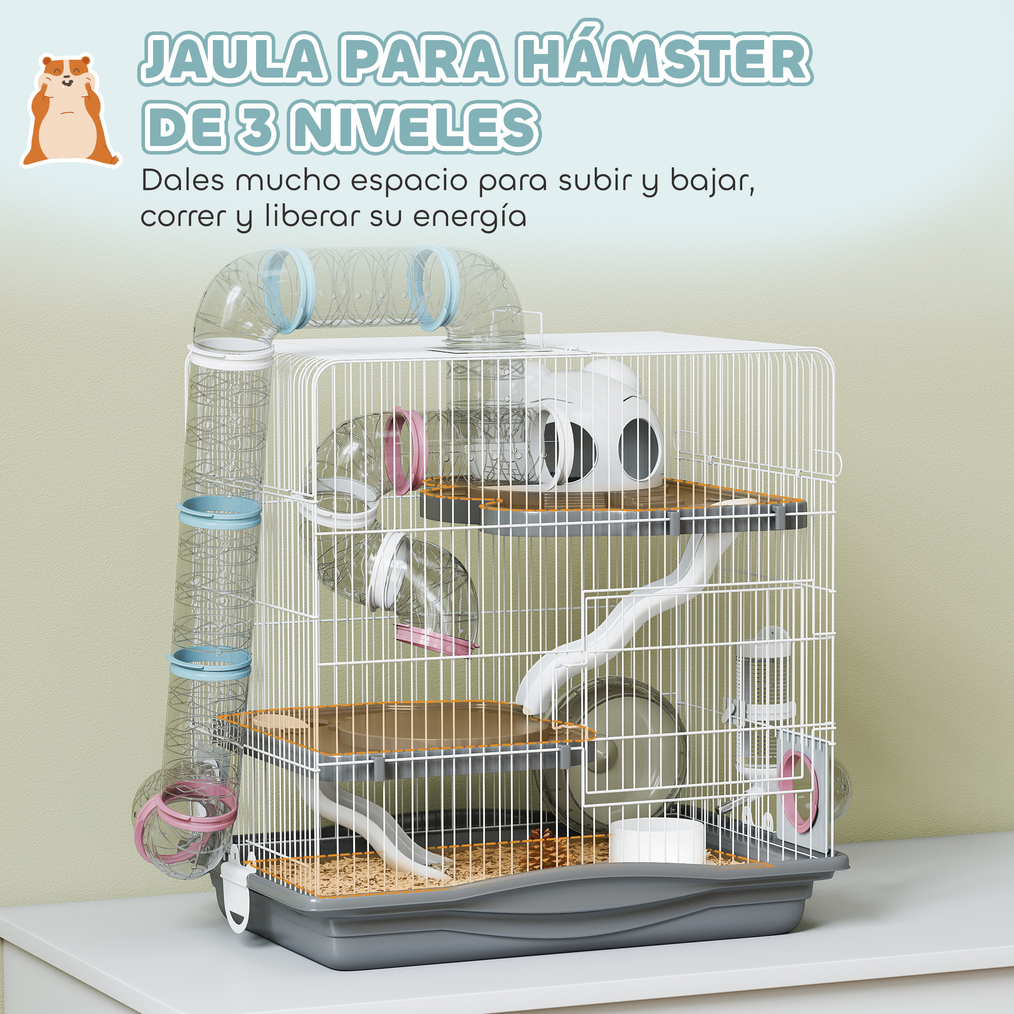 Jaula para Hámster, 45x30x45 cm, Casa para Animales Pequeños con Túnel, Plataformas, Cuenco, Bebedero, Casita, Rampas y Rueda de Ejercicio, para Hámsteres Enanos, Jerbos, Gris