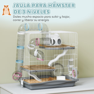 Jaula para Hámster, 45x30x45 cm, Casa para Animales Pequeños con Túnel, Plataformas, Cuenco, Bebedero, Casita, Rampas y Rueda de Ejercicio, para Hámsteres Enanos, Jerbos, Gris