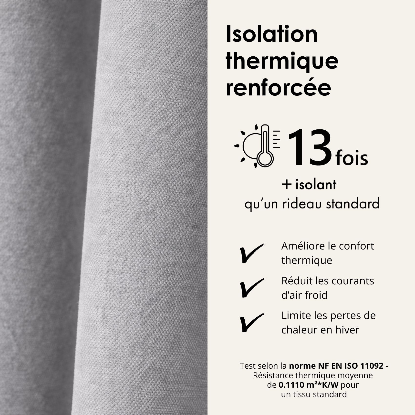 Rideau thermique phonique et semi occultant à galons fronceurs KONFOR - Gris Perle