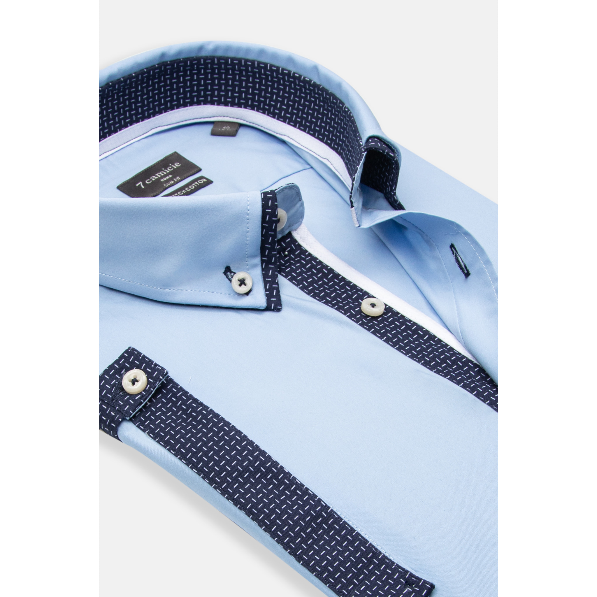 camicia uomo slim 1 bottone button down doppio collo Popeline Stretch Unito Celeste