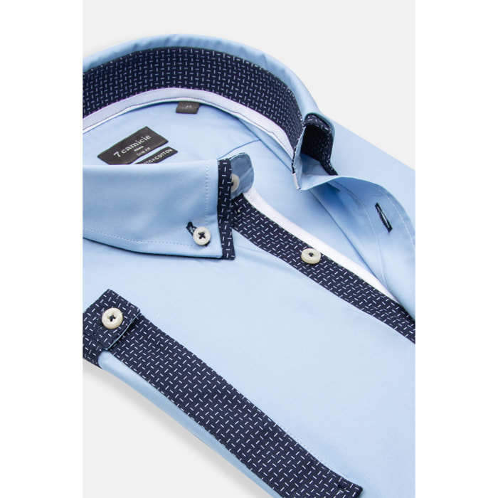 camicia uomo slim 1 bottone button down doppio collo Popeline Stretch Unito Celeste