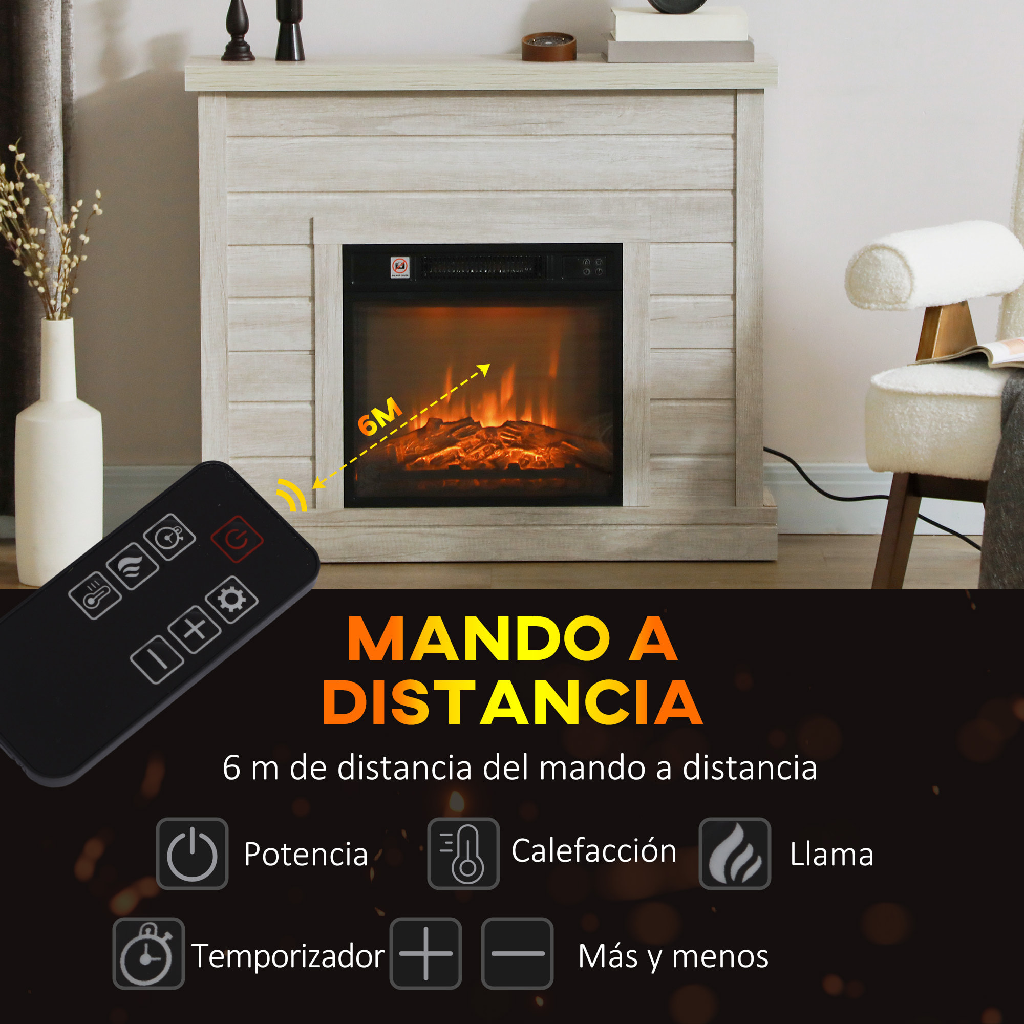 Chimenea Eléctrica 1800W Chimenea Decorativa con Efecto de Llama Mando a Distancia Temporizador Semanal Protección Contra Sobrecalentamiento para Sala 30 m² Gris Claro
