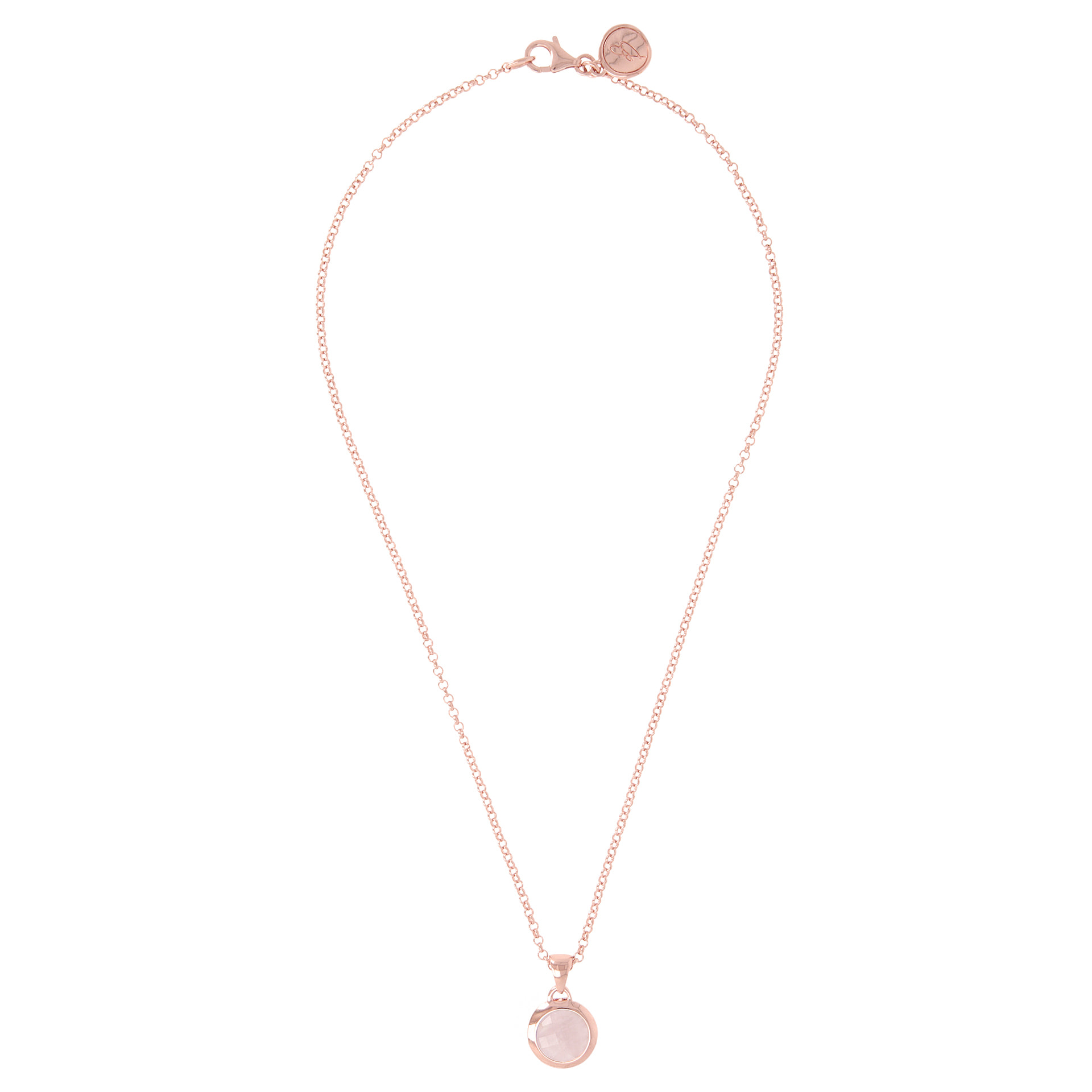 Collana Short Catena Rolo con Pendente Tondo in Pietra Naturale Sfaccettata Quarzo Rosa