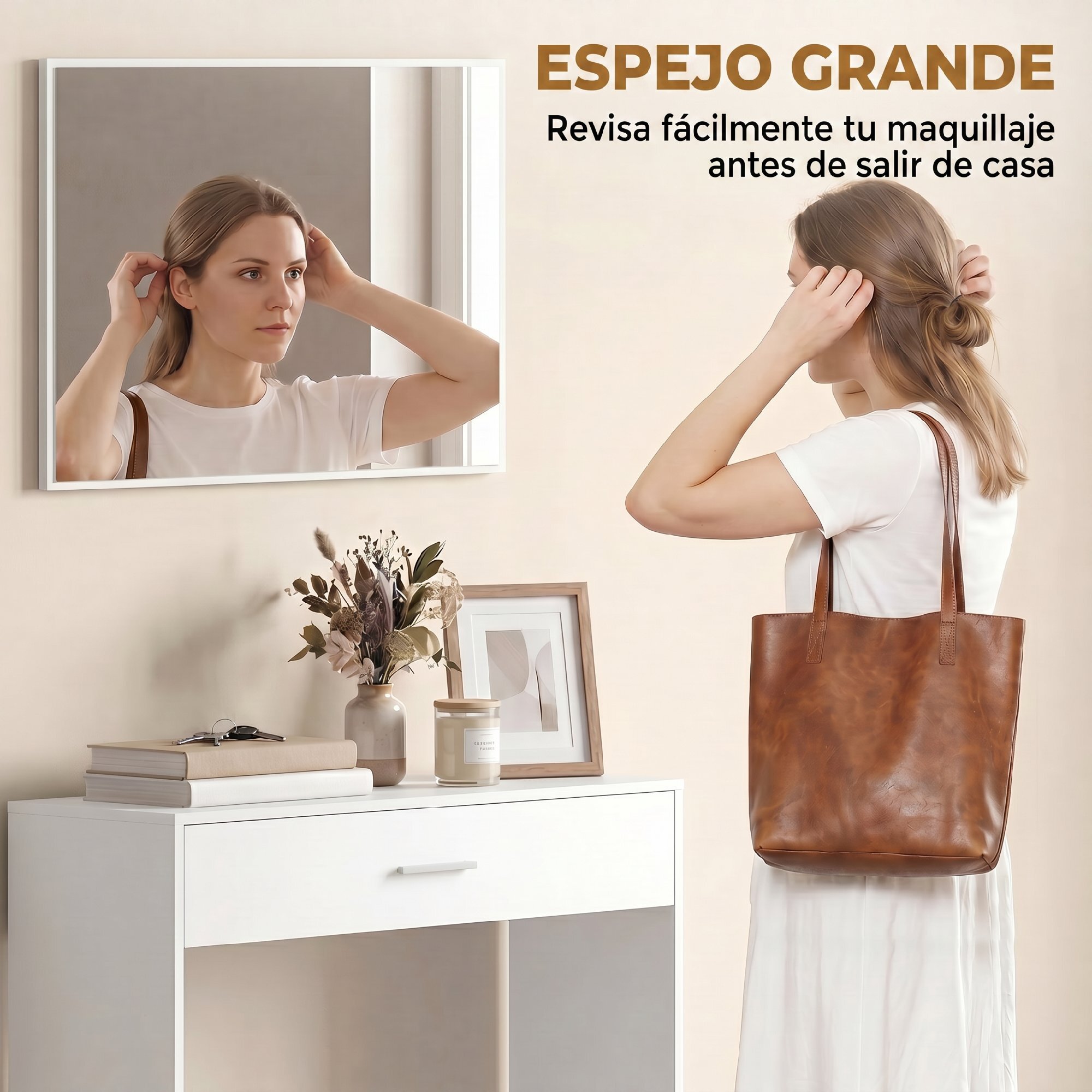 Recibidor de Entrada con Espejo, Cajón y Estante, Mueble de Recibidor de 2 Piezas con Mesa Consola y Espejo, Diseño Antivuelco, para Pasillo, 91,5x27,9x85,5 cm, Blanco