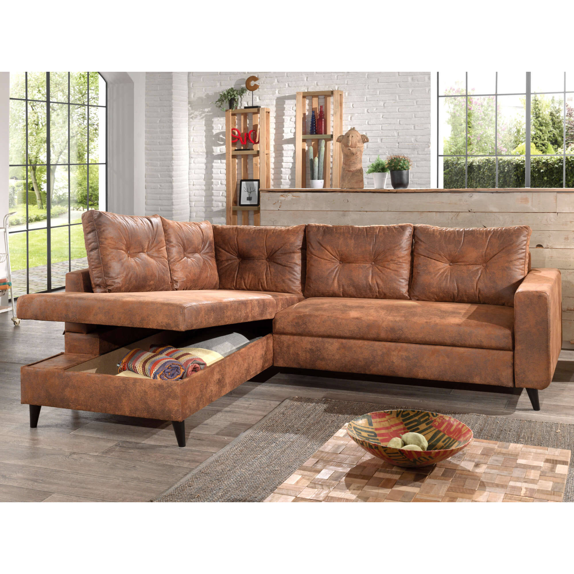 NORDIC - Canapé d'angle gauche - 5 places - Convertible - Industriel vintage - Marron