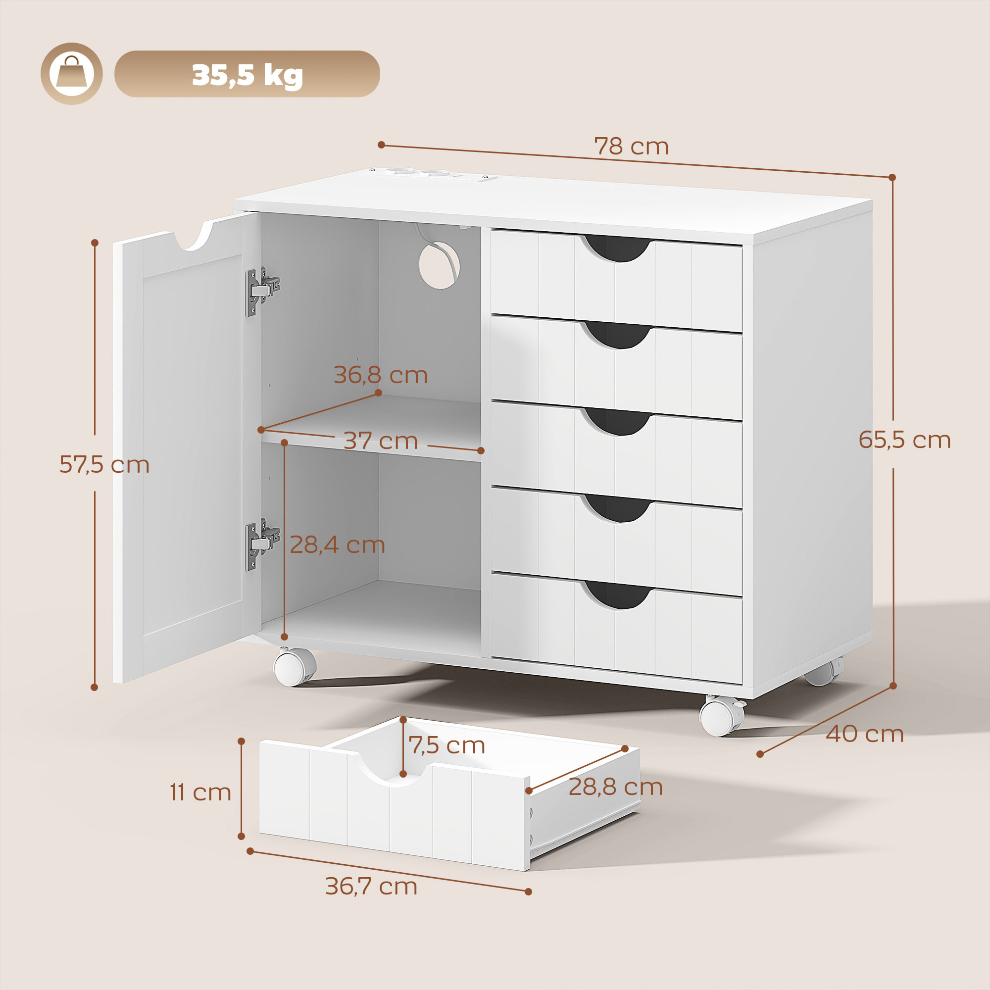Mueble para Impresora con Estación de Carga y Ruedas, Soporte para Impresora con 5 Cajones, Puertos USB, Estante Ajustable para Oficina en Casa, Blanco
