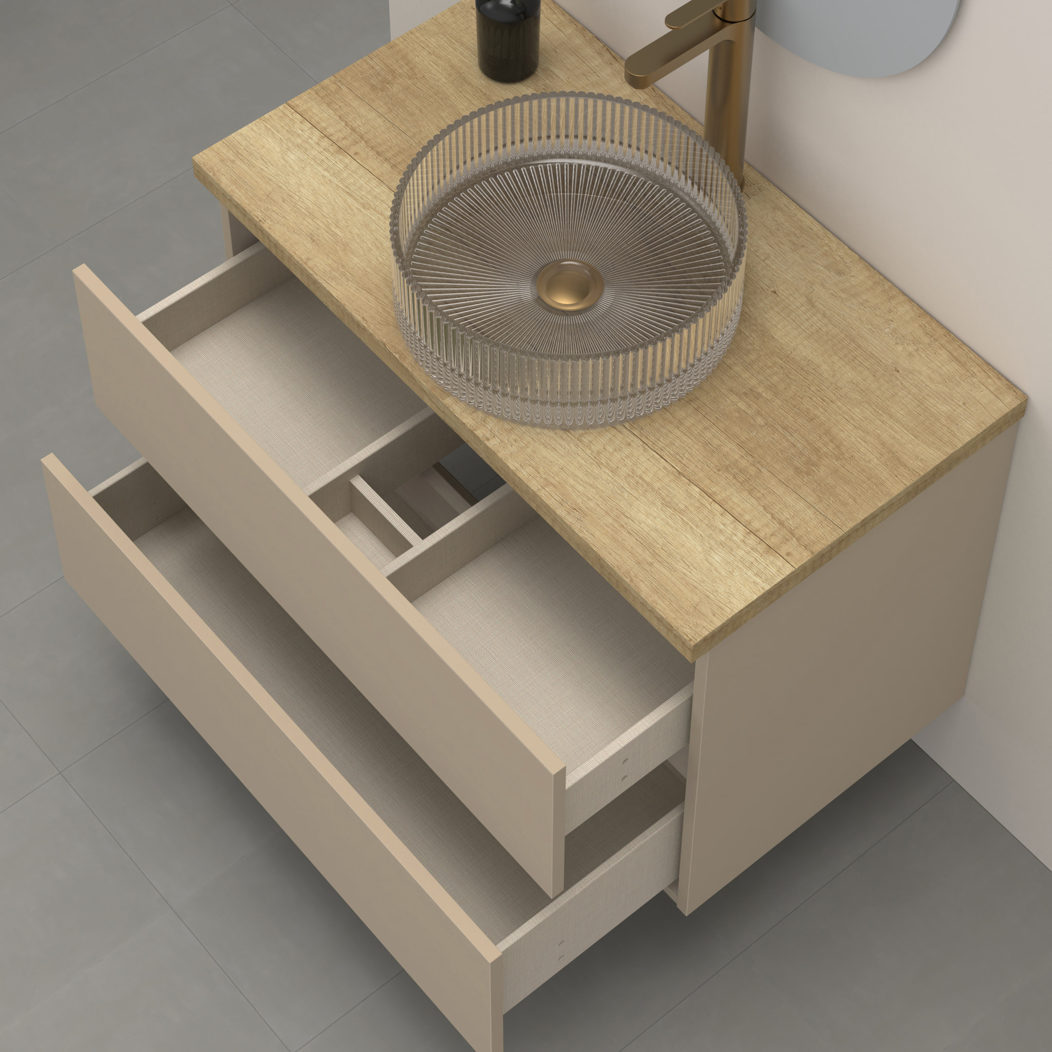 Conjunto de Baño Kub | 80 cm Visón | Dos Cajones | Lavabo de Cristal | No incluye Espejo | Mueble Montado | Alday