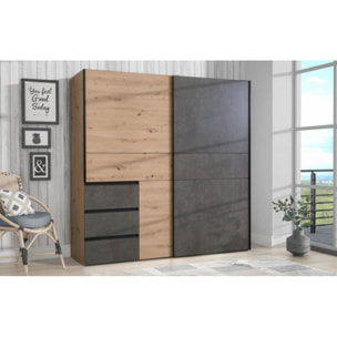 Armoire portes coulissantes 3 tiroirs bois L200 cm - 2 coloris - LOOKY