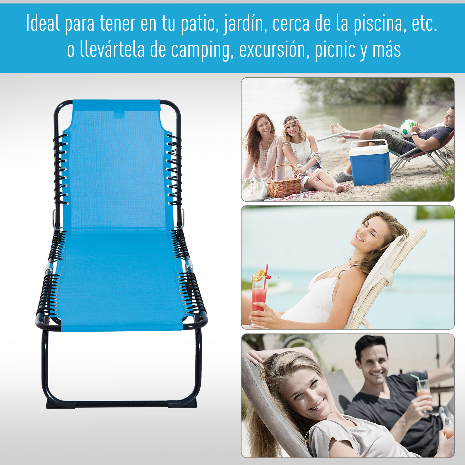 Tumbona Plegable y Ajustable de 4 Posiciones Silla Reclinable de Jardín con Sistema de Cordones para Exterior Marco Acero 189x58x30 cm Azul Claro