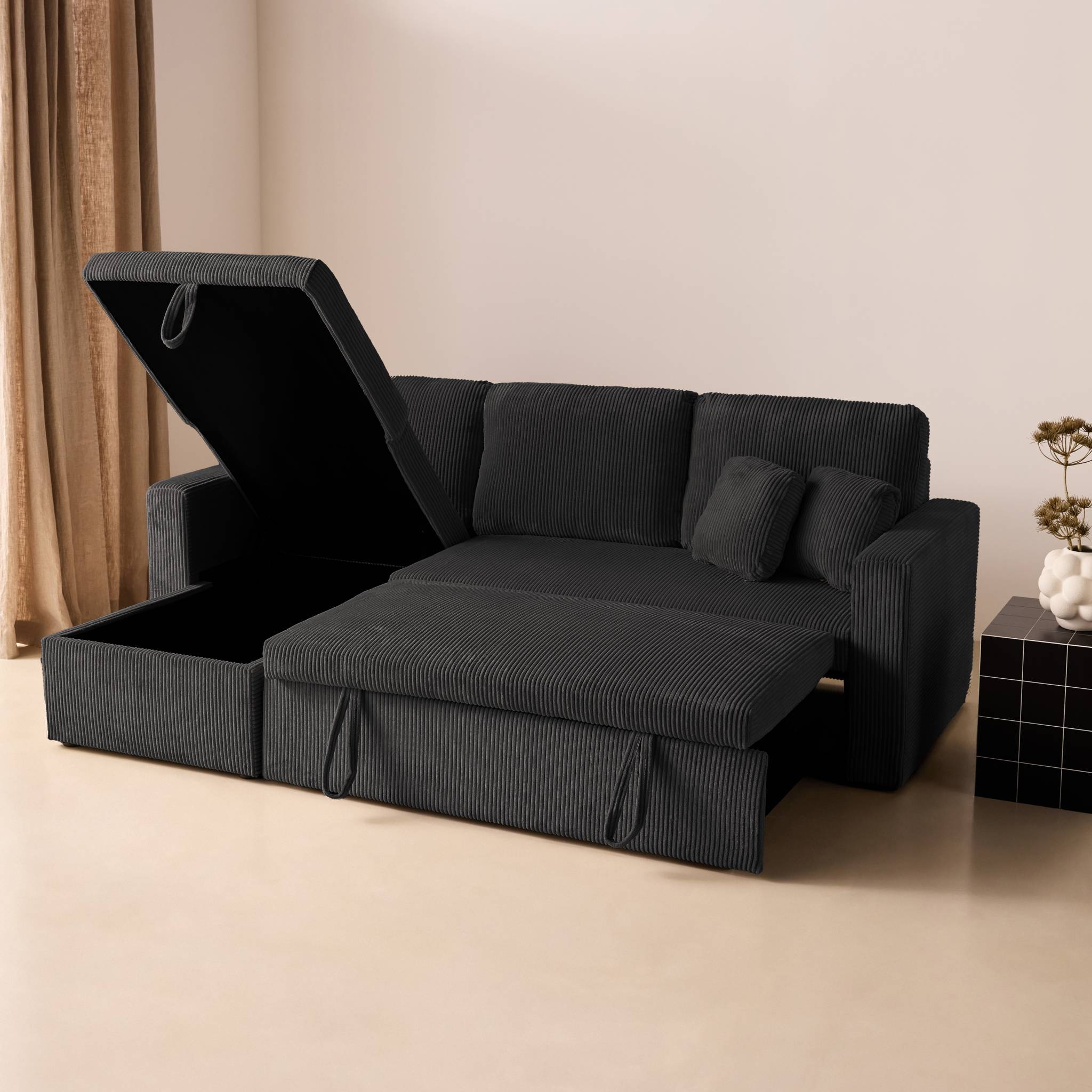 Canapé d'angle convertible réversible 3 places velours côtelé grosse côte avec coffre IDA