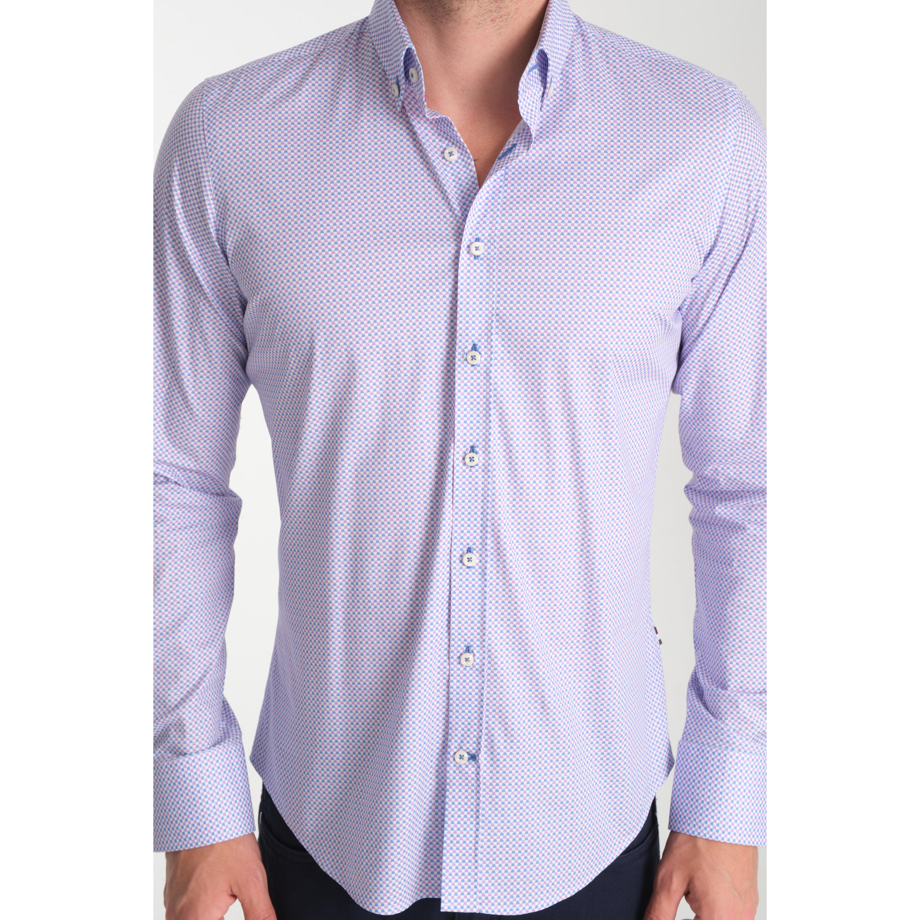 camicia uomo 1 bottone button down slim Popeline Stretch Stampato Light Blue Viola Ciclamino