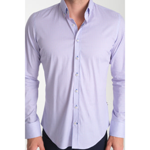camicia uomo 1 bottone button down slim Popeline Stretch Stampato Light Blue Viola Ciclamino