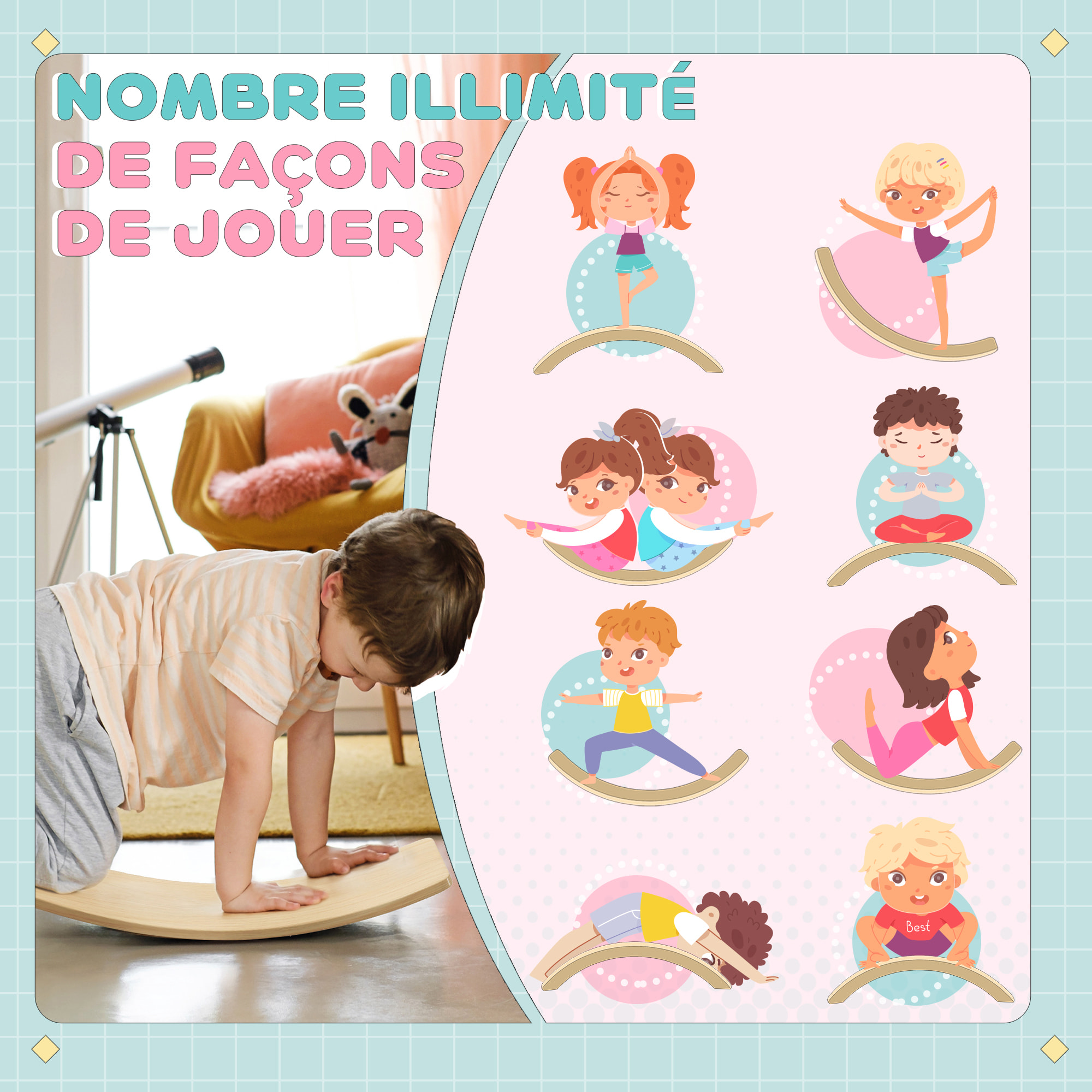 Planche d'équilibre et motricité enfant - planche d'équilibre en panneaux bois pin