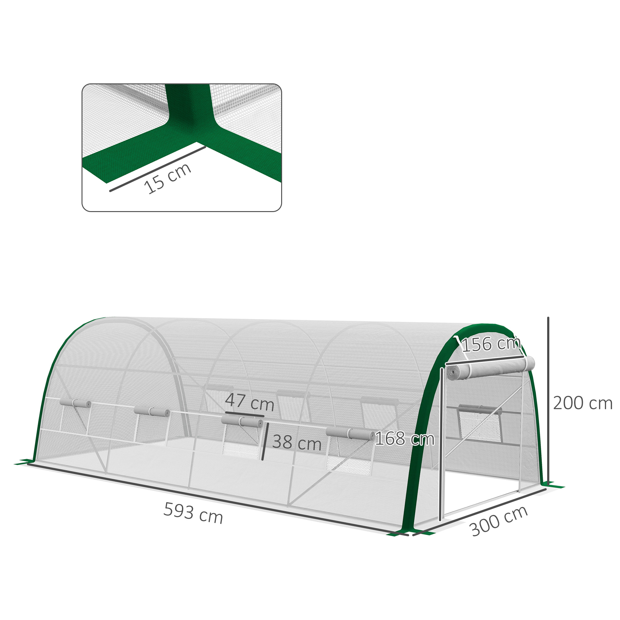 Serre de jardin tunnel surface sol 18 m² châssis tubulaire acier galvanisé renforcé 24 mm 8 fenêtres PE maillé blanc vert