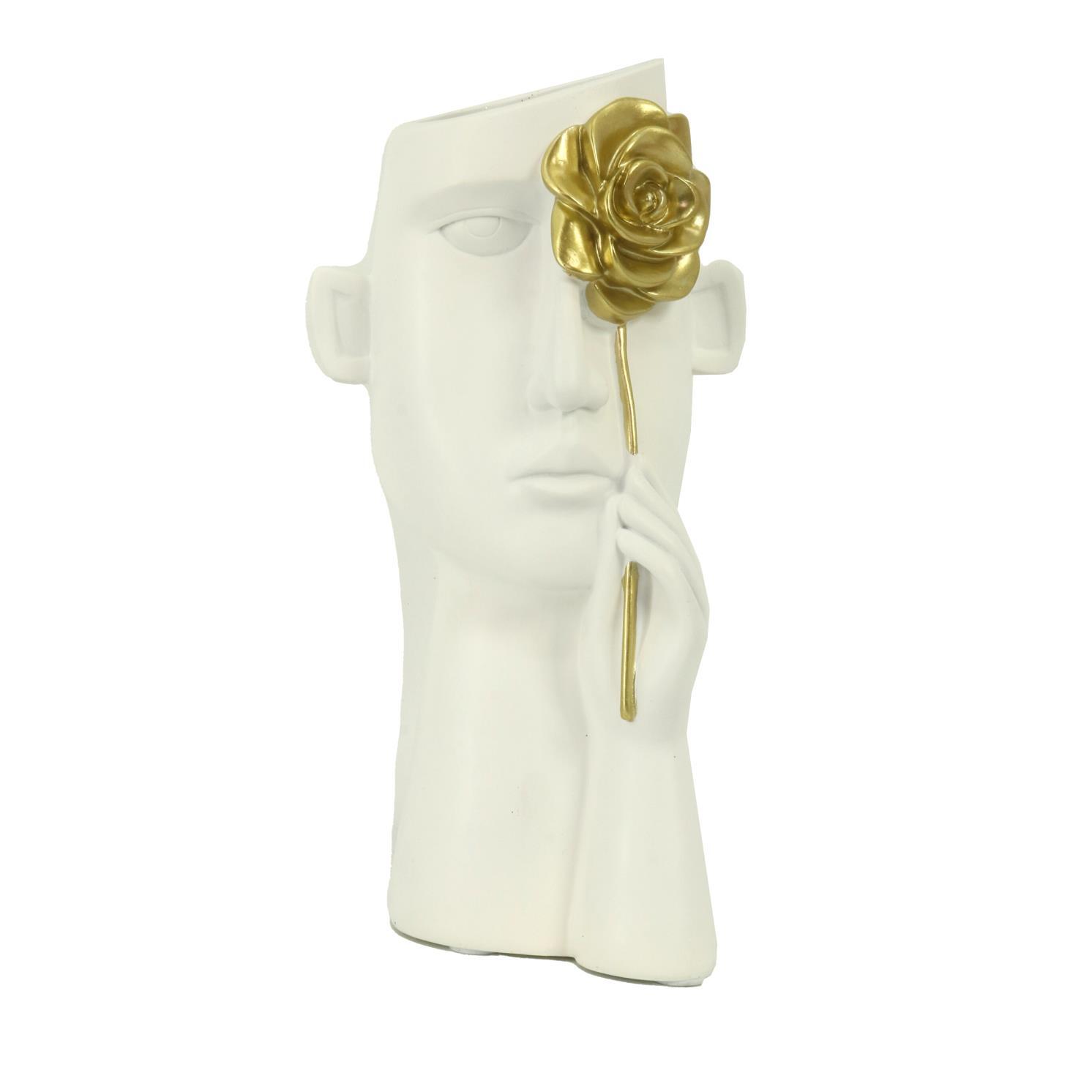 Portavaso in resina viso bianco e fiore oro cm13x13h27