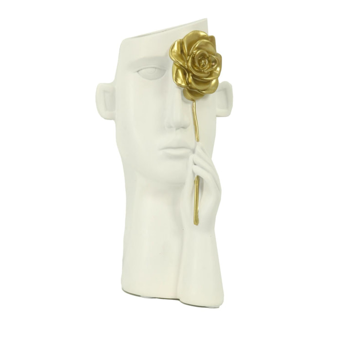 Portavaso in resina viso bianco e fiore oro cm13x13h27
