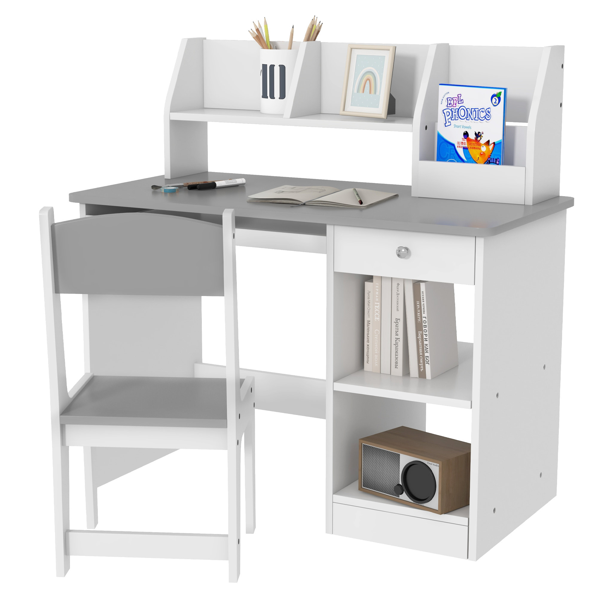 Bureau enfant multi-rangement - ensemble bureau, chaise, étagère - tiroir, plateau coulissant, 2 niches, 2 étagères, 2 présentoirs livres - gris