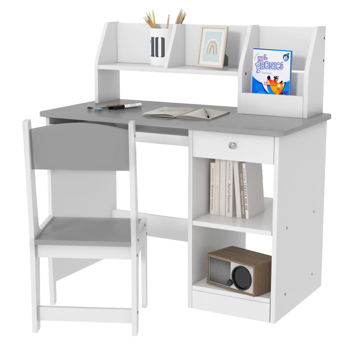 Bureau enfant multi-rangement - ensemble bureau, chaise, étagère - tiroir, plateau coulissant, 2 niches, 2 étagères, 2 présentoirs livres - gris