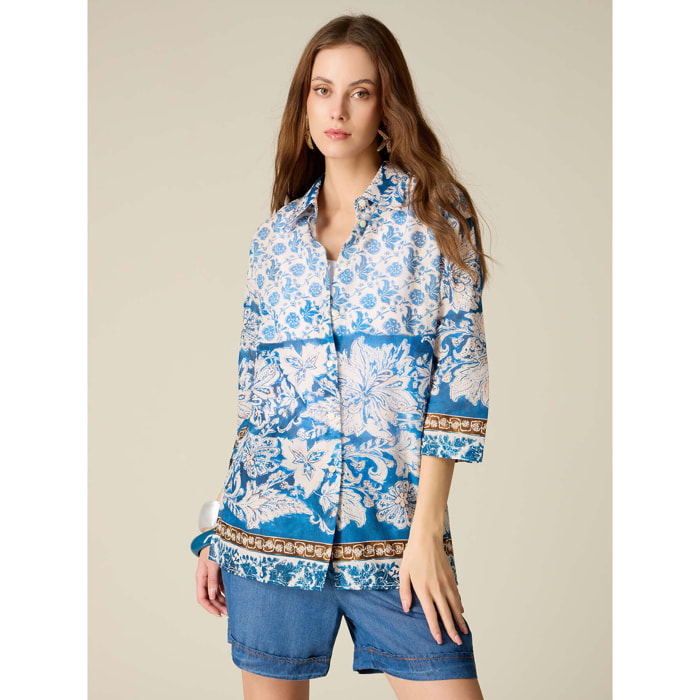 Oltre - Camicia in mussola di cotone fantasia - Blu