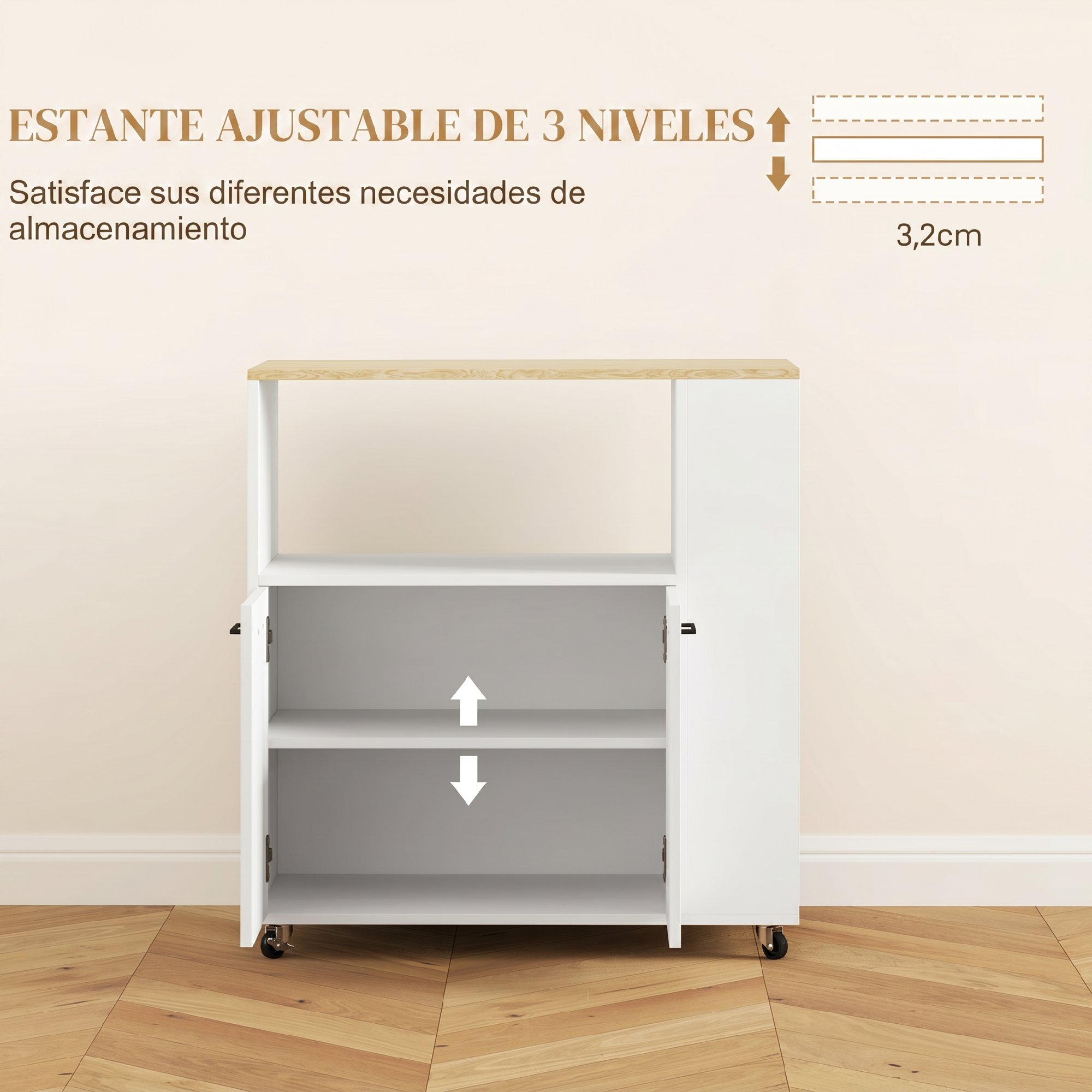 Carrito Auxiliar con Ruedas, Carrito de Cocina con 2 Puertas, Estante Ajustable, Especieros, para Comedor, 75x40x80,5 cm, Blanco