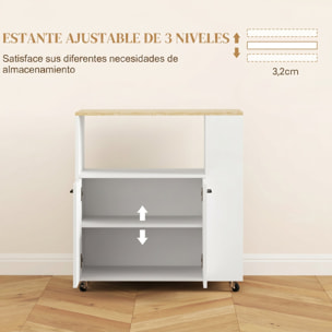 Carrito Auxiliar con Ruedas, Carrito de Cocina con 2 Puertas, Estante Ajustable, Especieros, para Comedor, 75x40x80,5 cm, Blanco