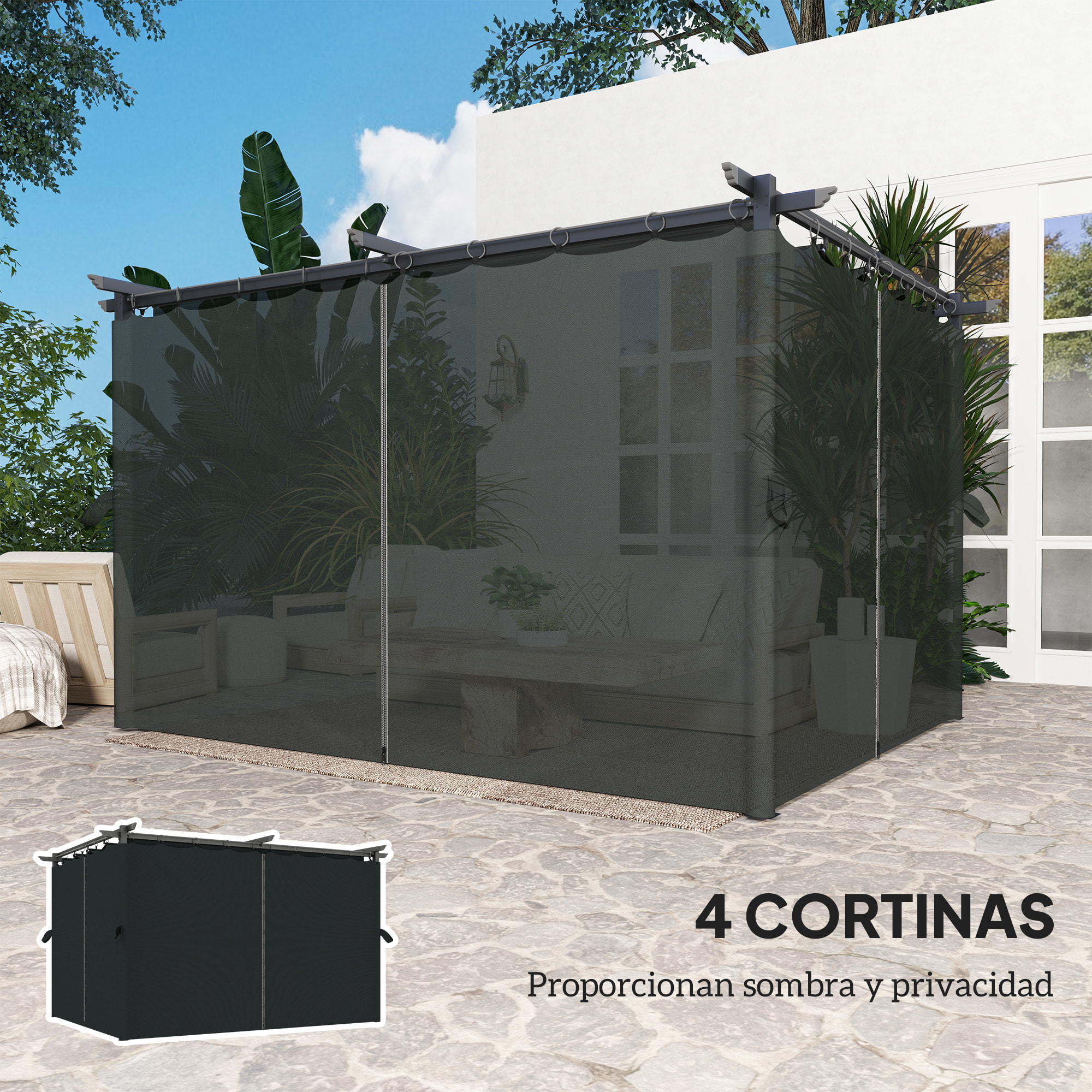 Pérgola con Techo Retráctil 4x3 m Pérgola de Aluminio con Paredes Laterales Cenador con Tela de Poliéster Anti-UV Resistente al Agua Pabellón para Jardín Patio Terraza Gris Oscuro