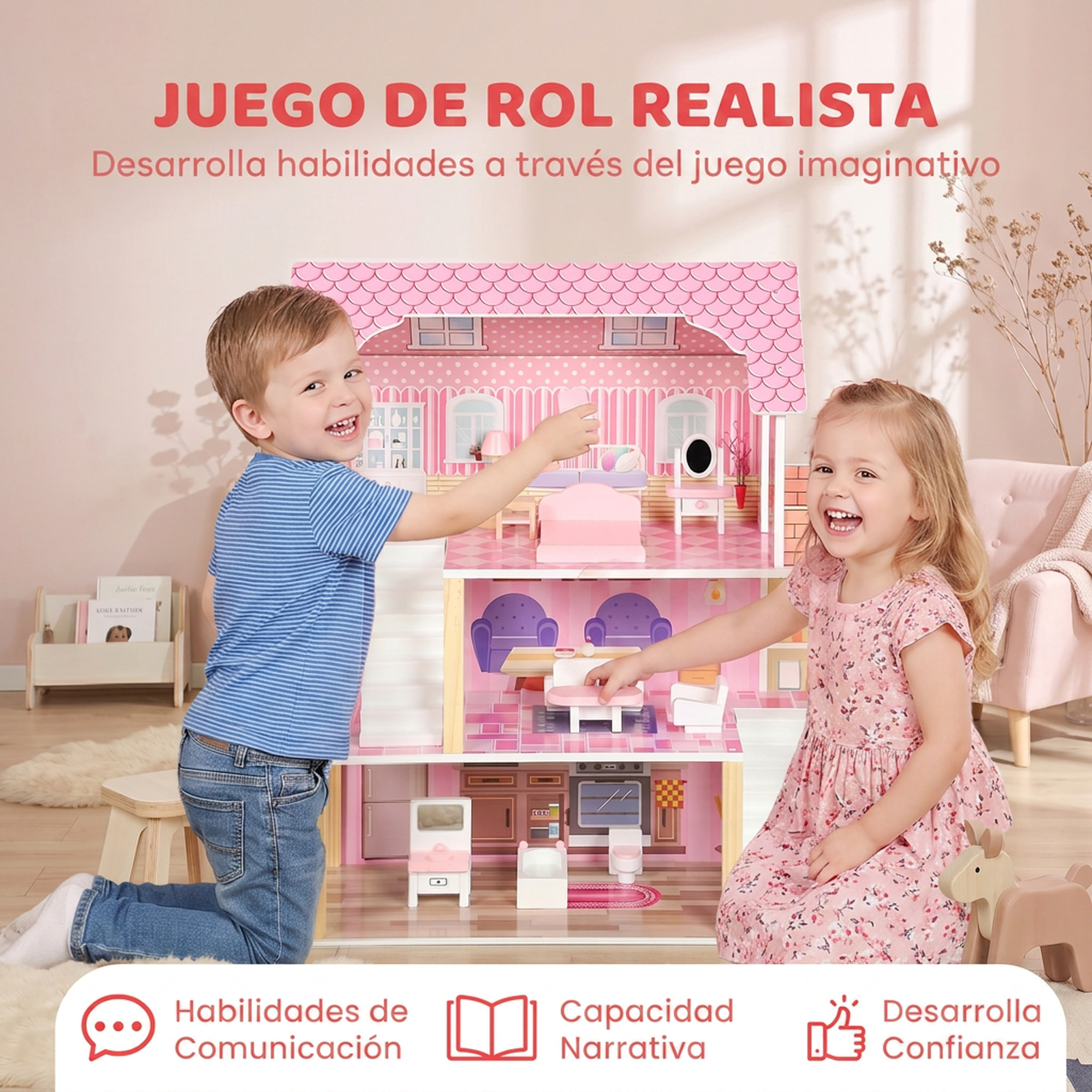 AIYAPLAY Casa de Muñecas de Madera 3 Pisos con Balcón, Escaleras y 10 Muebles, Casita de Muñecas para Niñas, Juguete de Imitación para Niños de 3 a 6 Años, Rosa