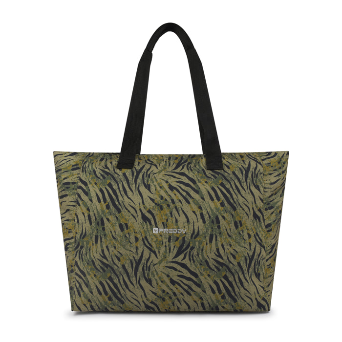 Borsa Shopper in canvas animalier con zip