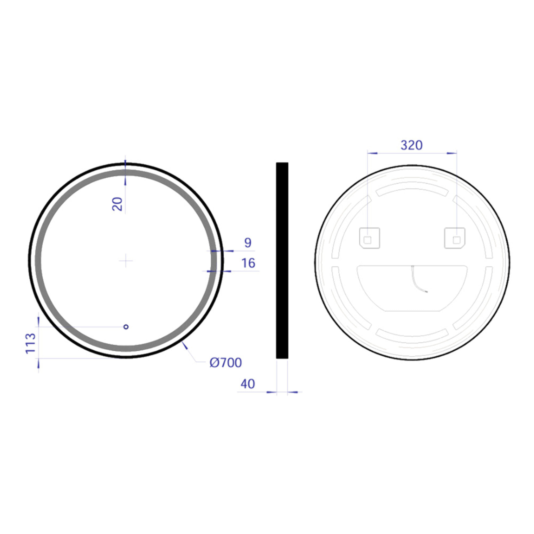 70x70 cm miroir suspendu rond avec éclairage LED et capteur, noir (SATZKULED70CE)