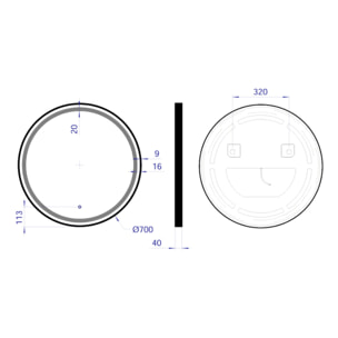 70x70 cm miroir suspendu rond avec éclairage LED et capteur, noir (SATZKULED70CE)