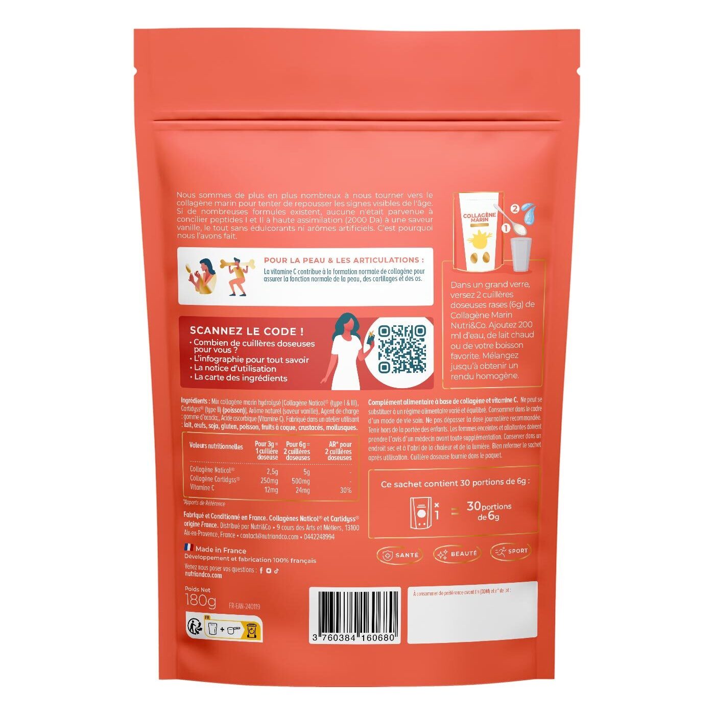 Nutri&Co Collagène Marin Type 1, 2 & 3 Peau & Articulations Goût Vanille - 180g