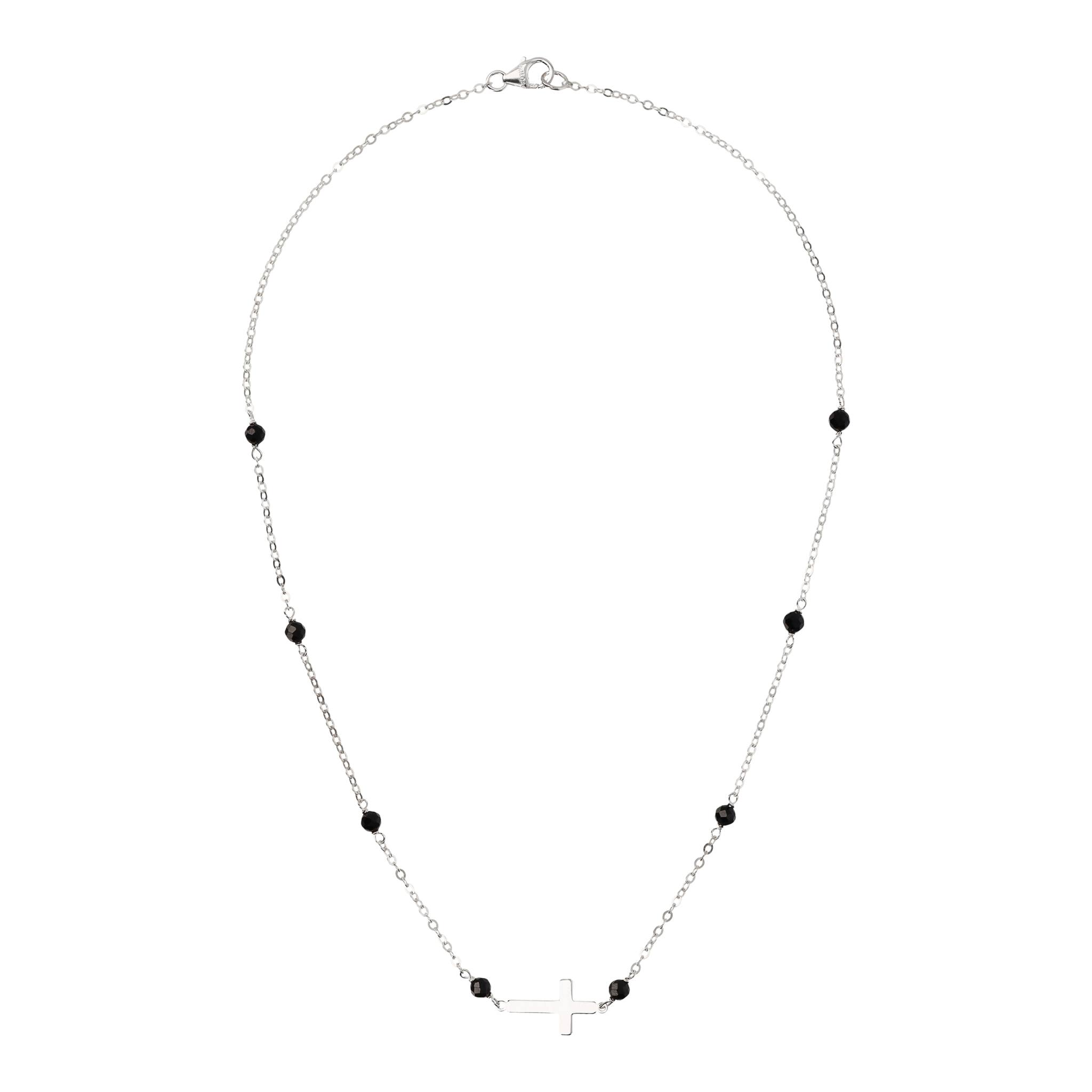 Collana Catena Rolo con Spinello Nero e Pendente Croce Argentato in Argento 925 placcato Rodio