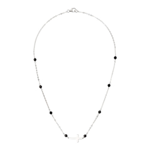 Collana Catena Rolo con Spinello Nero e Pendente Croce Argentato in Argento 925 placcato Rodio